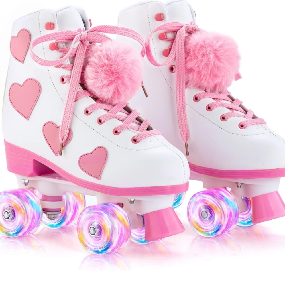 Girls Roller Skates White with Pink Hearts Light Up Wheels And Pink Pom Poms